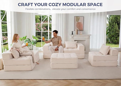 MAXYOYO Modular Sectional Sofa Couch, Foldable U Shaped Cloud Couch with Pillows, Tufted 6-Seat Boneless Lounger Sofa for Living Room, No Assembly Required, Beige