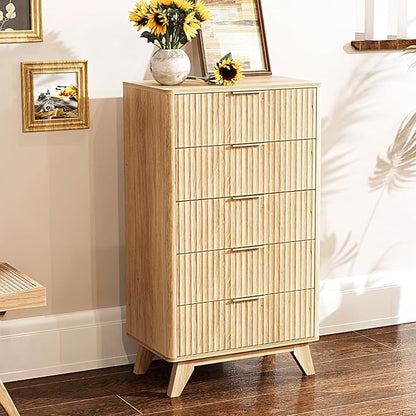 VINGLI Fluted Tall Dresser 5 Drawer, 23.66" W Chest of Drawers, Oak Wood Dresser for Bedroom Mid Century Modern with Rounded Edge, 23.66" W*15.6" D*44.88" H