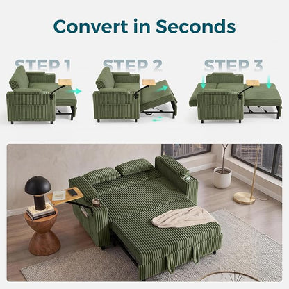 LINSY HOME 3-in-1 Pull Out Sofa Bed, 58" Convertible Sleeper Sofa for Living Room, 360° Swivel Table, Storage Armrests, Charging Station, Cup Holders, 2 Pillows, Corduroy Loveseat Futon Couch, Green
