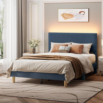 Bestier Full Bed Frame with Adjustable Headboard,LED Light,Blue | Vertical Channel Corduroy Upholstered,Easy Assembly,LED Lighting Headboard,No Squeaks,Wood Slats Support,No Box Spring Needed