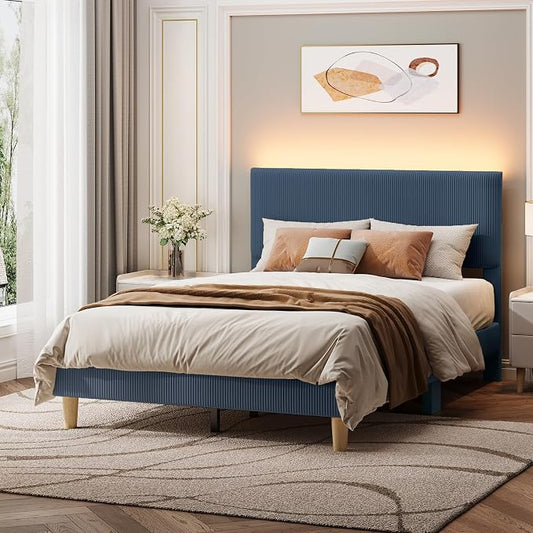 Bestier Full Bed Frame with Adjustable Headboard,LED Light,Blue | Vertical Channel Corduroy Upholstered,Easy Assembly,LED Lighting Headboard,No Squeaks,Wood Slats Support,No Box Spring Needed