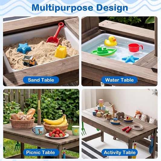 Costzon 4-in-1 Kids Picnic Table with Umbrella, Sand & Water Sensory Bins | Wooden Toddler Outdoor Table with Benches, Cushions, Cover, Gardening Tools, Kids Outdoor Furniture for Patio Backyard