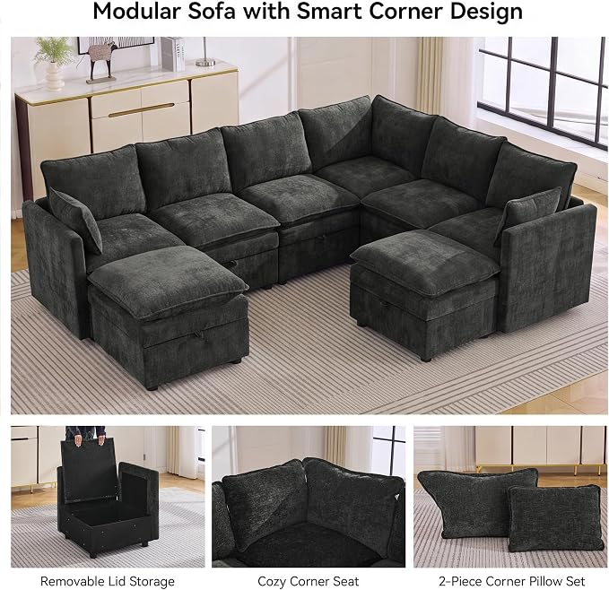 105" Dark Grey Modular Storage Sofa, U Shaped Chenille Couch with Ottoman | Oversized Convertible Sectional Sofa, 6-Seat Sectional Couch With 2 Ottomans, Large Cloud Couch For Living Room, Apartment.