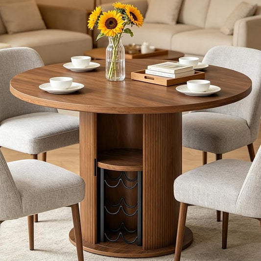 Wildhome Round Dining Table for 2-3, 31 Inch Dining Room Kitchen Table with 2-Tier Storage Shelf & Wine Rack, Modern Farmhouse Fluted Wood Slide Door Dinner Furniture,Circle(Non scalable-32 In-Walnut)