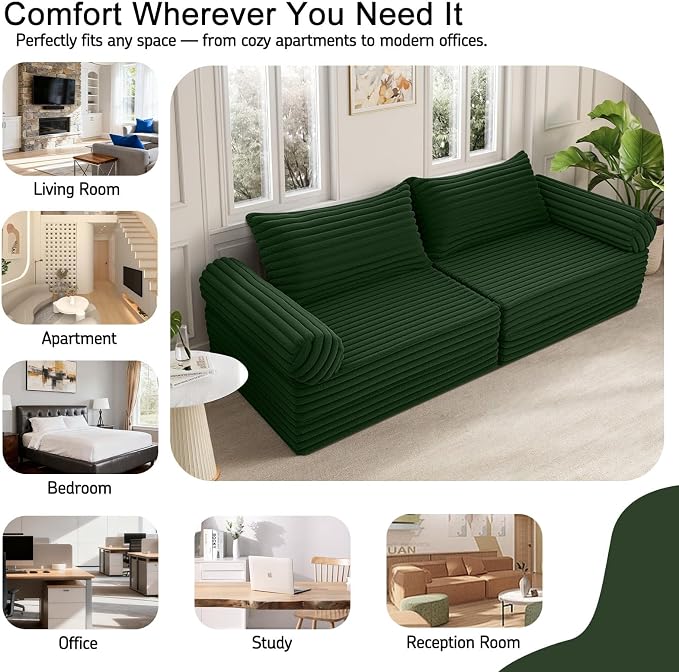 MeMoreCool Convertible Sofa Bed, Folding Floor Couch Bed Queen, Pull Out Sleeper Couch with Pillows, Fold Out Futon Sofa for Bedroom Living Room Small Space, Corduroy Green