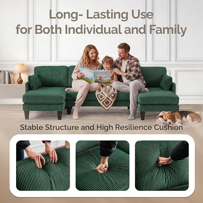 VINGLI 108" W U-Shaped Sectional Couches for Living Room, Sturdy Wooden Armrest Corduroy Cloud Couch with Double Chaise, High Support Modern 4-Seat Sectional Sofa for Apartment, Offices, Dark Green