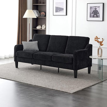 VINGLI Black Couches for Living Room, 71" Small Couch Comfy 3 Seater Upholstered Chenille Sofa Mid-Century Modern Floor Sofas for Small Spaces, Bedroom, Apartment, Lounge, Office