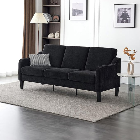VINGLI Black Couches for Living Room, 71" Small Couch Comfy 3 Seater Upholstered Chenille Sofa Mid-Century Modern Floor Sofas for Small Spaces, Bedroom, Apartment, Lounge, Office
