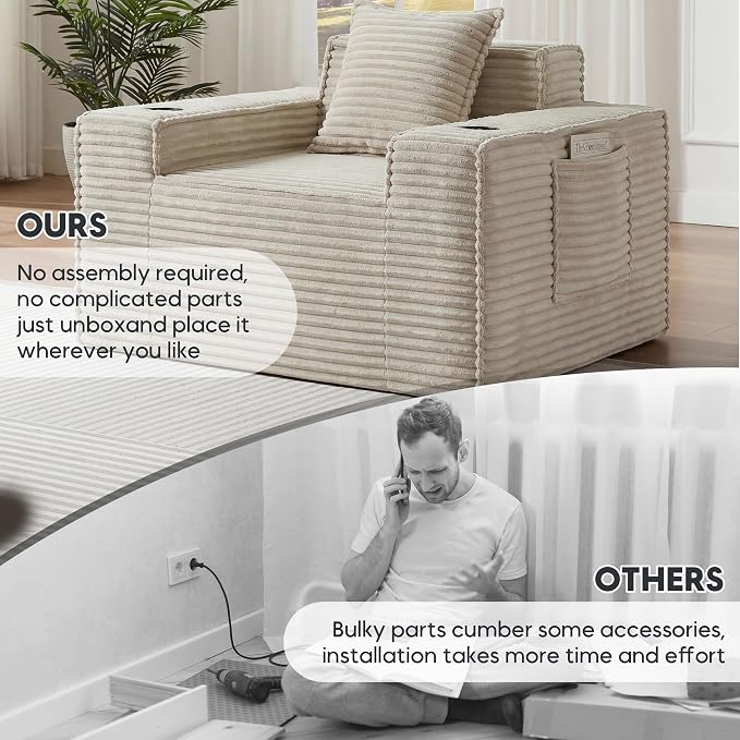 Boneless Sofa Couch with Cup Holders & Side Pockets, Modern Corduroy Fabric Deep Seat Single Cloud Couch for Reading Living Room Office, No Assembly (Camel)