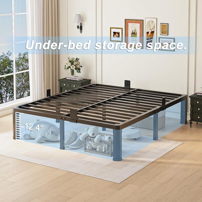 14 inch Full Size Bed Frame with Round Corner Legs and Headboard Hole Mattress Slide Stopper 3500 lbs Heavy Duty Metal Platform,Steel Slat Support,No Box Spring Needed,Easy Assembly,Noise Free