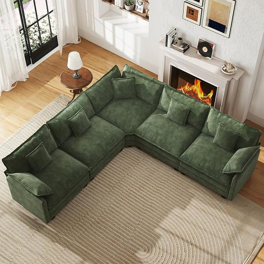 WorthFurni 114” Oversized Modular Sectional Sofa, 5-Seater V Shaped Cloud Couch Set, Comfy Chenille Deep Seat Sofa with 5 Throw Pillows, DIY Combination for Living Room (Green)