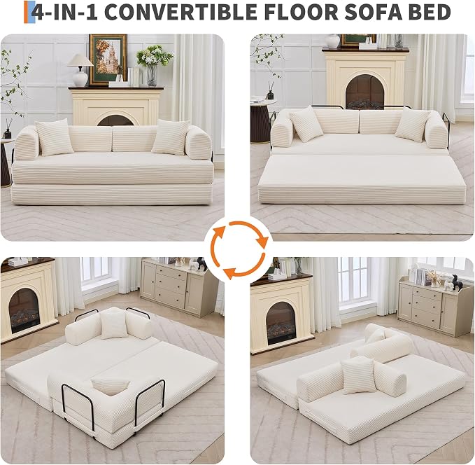 IDEALHOUSE 4 in 1 Convertible Sleeper Sofa Bed Couch, 79 Inch Boneless Corduroy Floor Couch with Pillows, No Assembly, Modern Deep Seat Sofa Futon Mattress for Living Room,Apartment,Beige