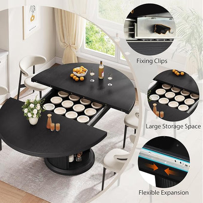 Jocoevol 47″–63″ Extendable Round Dining Table for 4–8 with Dust-Proof 2-Tier Storage Shelf Space Saving Expandable Wood Oval Circle Dinner Furniture with Pedestal Base (Black)