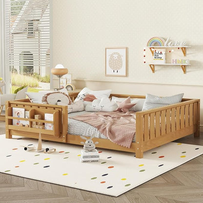 Bellemave Queen Size Floor Bed with Slats and Safety Guardrail, Queen Size Montessori Floor Bed with Fence and Built-in Bookshelf, Easy Assemble Montessori Beds for Girls, Boys, Deep Natural