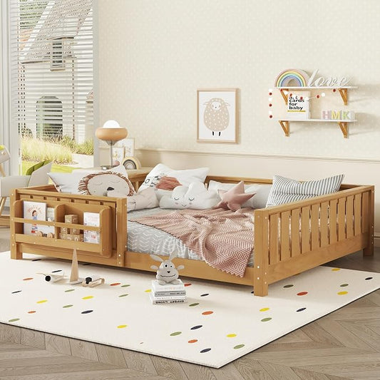 Bellemave Queen Size Floor Bed with Slats and Safety Guardrail, Queen Size Montessori Floor Bed with Fence and Built-in Bookshelf, Easy Assemble Montessori Beds for Girls, Boys, Deep Natural