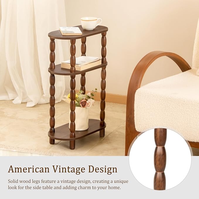 MaxSmeo Small Side Table, 3-Tier Narrow Small End Table with Storage, Skinny Bedside Table Nightstand, Bedrooms, Living Room (Walnut Brown)
