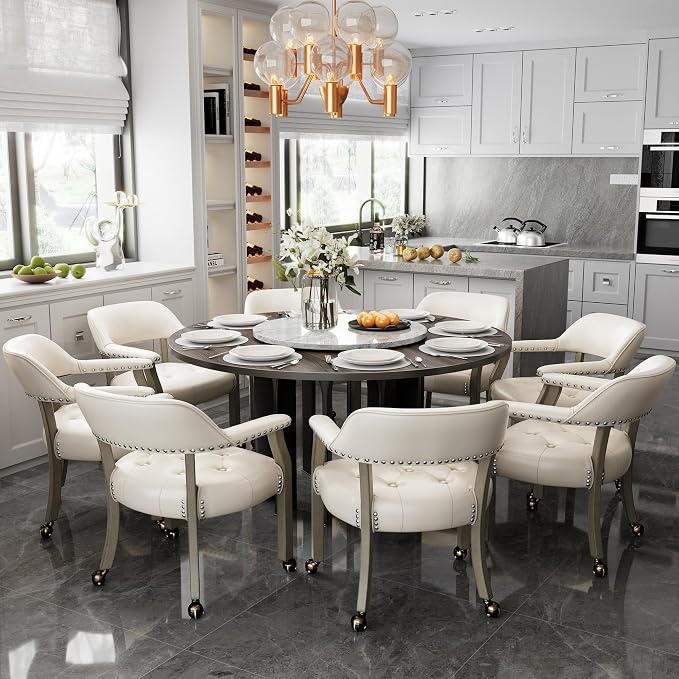 LEEMTORIG Large Dining Chairs with Casters and Arms, Rolling Dining Chairs with Wheels, Accent Game Poker Table Chairs, Solid Wood Office Chairs, 26“Dx25.2 Wx31.5“H, Grey Legs & Ivory PU SY-1318-WT