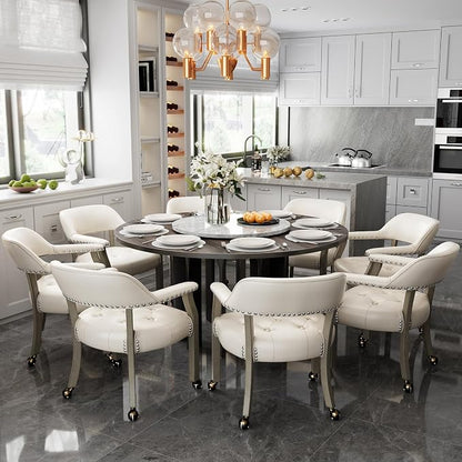 LEEMTORIG Set of 8 Large Dining Chairs with Casters and Arms, Rolling Dining Chairs with Wheels, Game Chairs, Solid Wood Boss Caption's Chairs, 26" D x 25.2" W x 31.5" H, Grey Legs & Ivory SY-1318-WT
