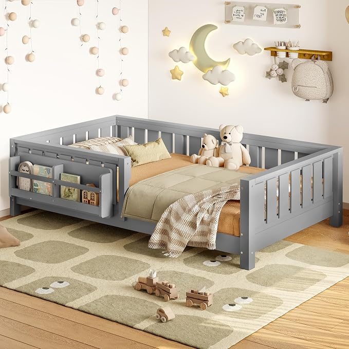 Bellemave Twin Size Montessori Floor Bed with Rails and Slats, Twin Size Floor Bed with Bookshelf and Fence, Low Profile Montessori Beds Frame for Girls, Boys, White