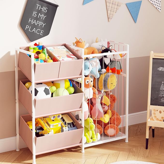 BBLIKE Stuffed Animal Storage - Kids Storage Organizer with 4 Removable Bins, Kids Storage Toy Shelf Organizer for Stuffed Animal Holder for Bedroom Playroom Nursery, Pink