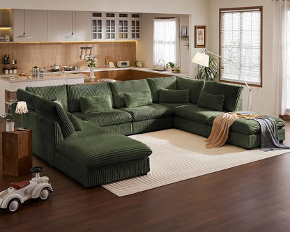154" Oversized Corduroy Couch Modular Sectional Sofa, Washable Cloud Couch Sectional with 4 Ottoman, 8 Seater Sectional Couches for Living Room, Fully Cover Removable, Sleeper Sofa, Corduroy, Green