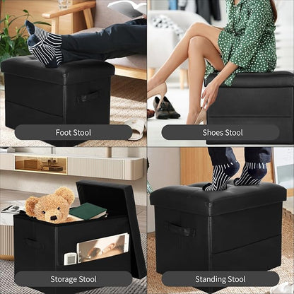 Storage Ottoman Foot Rest Stool with Thicker Foam Padded Seat. Foldable Leather Footstool Bench. Small Ottoman with Storage for Living Room Bedroom Coffee Table 350 lbs, 17x13x13in, Black.
