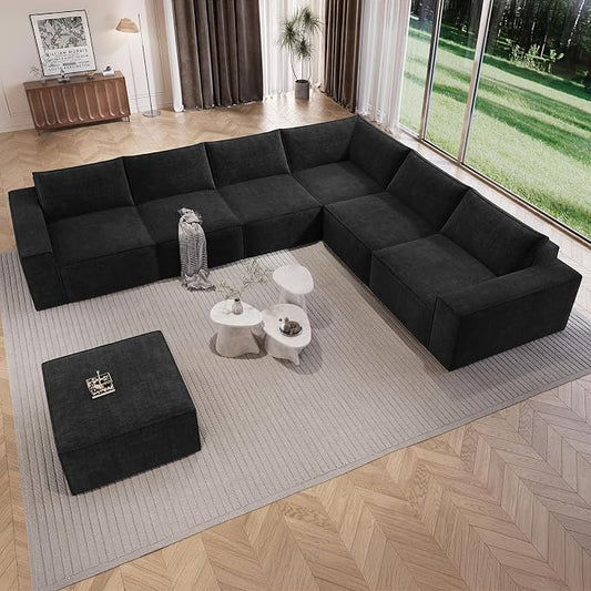 Vesgantti 143.7" Oversized Boneless Couch, Modern 7 Seater Modular Sectional Sofa with Deep Seat, Convertible Chenille Cloud Couches for Living Room, No Assembly Required, Black