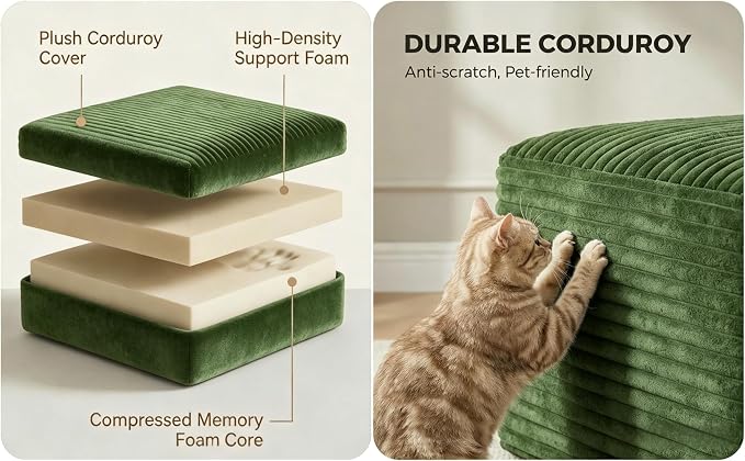 JINGLING 94" L Shape Couch with Right Chaise, Memory Foam Boneless Sectional Sofa in a Box, No Assembly Modular Small Couches for Small Spaces, Living Room, Apartments, Plush Corduroy, Green