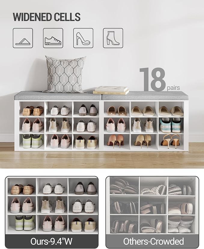 Hzuaneri Shoe Storage Bench with Cushion, Entryway Storage Bench with 18 Cubbies, 9.5" Widened Organizer Cabinet, Long Cubby Rack for Living Room, Bedroom, Entryway, White SB25703GY