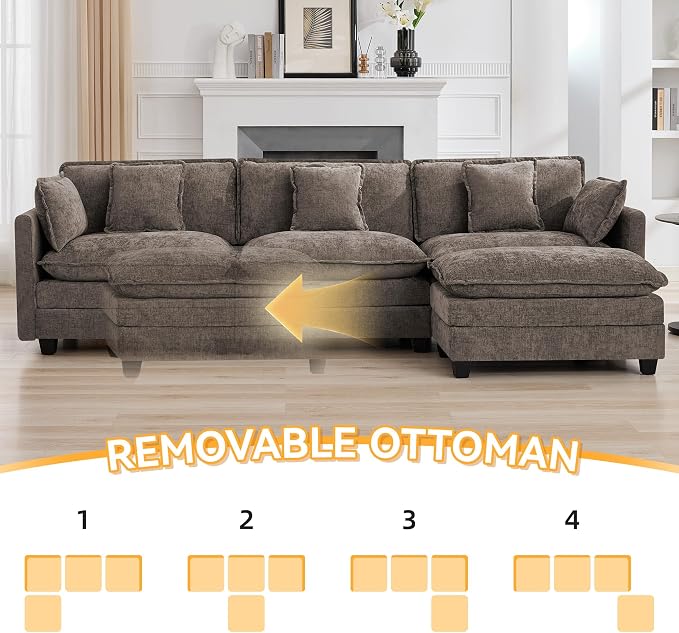 111'' Sectional Cloud Deep Seat Couch, Modern Comfy Chenille L Shaped Sectional Sofa for Living Room Set, Upholstered Modular 3-Seats Sofa Couch with 1 Movable Ottoman, Brown