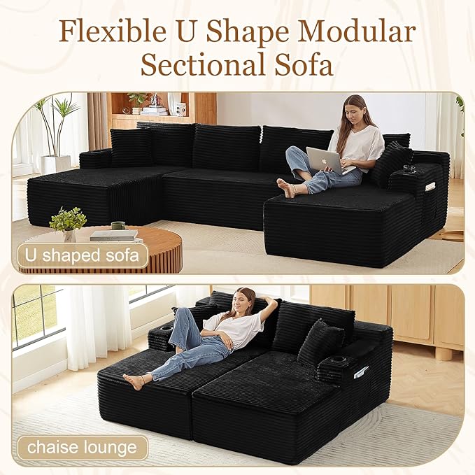 125" Modular Sectional Sleeper Sofa, Boneless Cloud Couch for Living Room, U Shaped 5 Seat Sofa with 2 Storage Pockets& 2 Cup Holders, Free Combination, No Assembly Required (Black, 125")