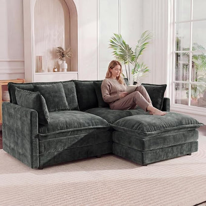 Modular Sectional Sofa with Ottoman: 76.7" Modern L Shaped Sectionals Cloud Couch, Comfy Couch Loveseat, 3 Seat Chenille Deep Seat Sofa with Pillow for Living Room,Bedroom Apartment,Small Spaces-Grey
