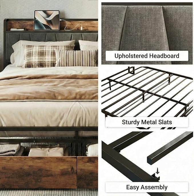 LIKIMIO King Size Bed Frame with 2 Drawers and Charging Station | Platform Bed with Upholstered Storage Headboard, No Box Spring Needed, Easy Assembly, Sturdy, Industrial Brown and Gray