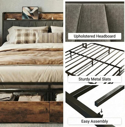 LIKIMIO King Size Bed Frame with 2 Drawers and Charging Station | Platform Bed with Upholstered Storage Headboard, No Box Spring Needed, Easy Assembly, Sturdy, Industrial Brown and Gray
