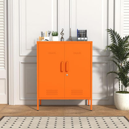 Multipurpose Accent Cabinet Locker, Metal Storage Cabinet with 2 Adjustable Shelves, Heavy Duty & Lockable Organizer Made of Thickened Steel, Easy Assembly for Home, Entryway, Orange