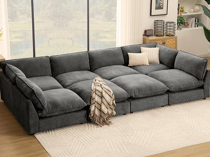 Iroomy Cloud Couch Sectional, Oversized Chenille Modular Sofa, Deep Comfy Seat, 8-Seater Sofas Couches for Living Room, Dark Grey