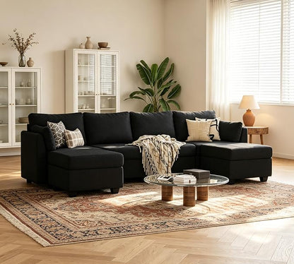 Huatean Home 114.17" Modular Sectional Sofa, 6 Seat Sectional Couches with Storage, Memory Foam, Convertible Modular Couch for Living Room, U Shaped Comfy Modular Sofa with Chaise, Black