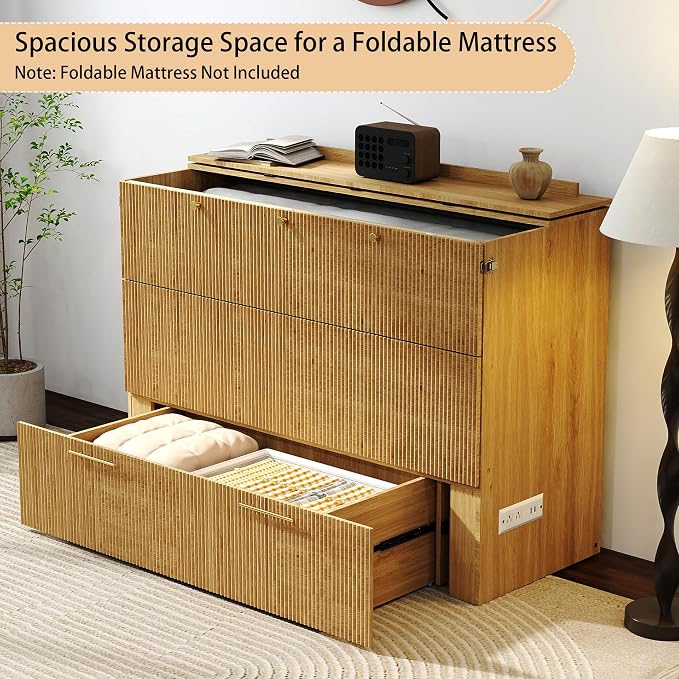 Full Size Murphy Bed Cabinet: Oak Folding Murphy Bed for Small Spaces, Wood Hidden Beds Cabinet with Charging Station, Modern 2 in 1 Hideaway Beds Cabinets (Oak-Fluted)