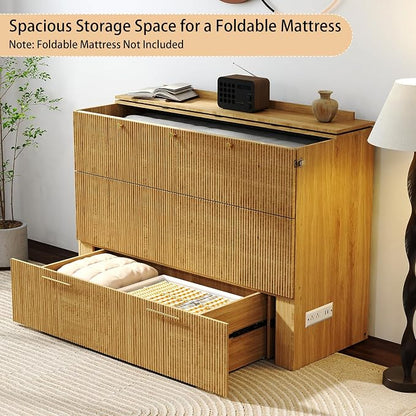 Full Size Murphy Bed Cabinet: Oak Folding Murphy Bed for Small Spaces, Wood Hidden Beds Cabinet with Charging Station, Modern 2 in 1 Hideaway Beds Cabinets (Oak-Fluted)