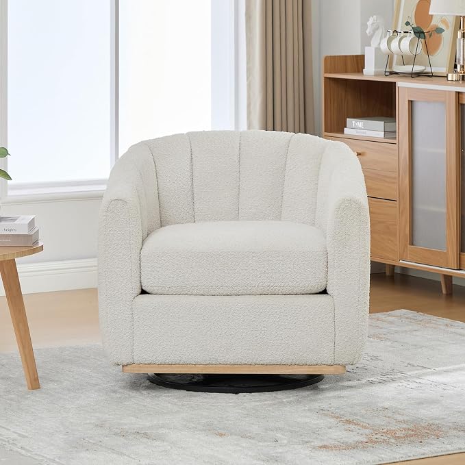 Swivel Barrel Chair, 360 Degree Round Swivel Accent Chair for Living Room, Mid Century Modern Upholstered Accent Chair,Comfy Tufted Sofa Armchairs for Bedroom,Nursery,Boucle,Ivory