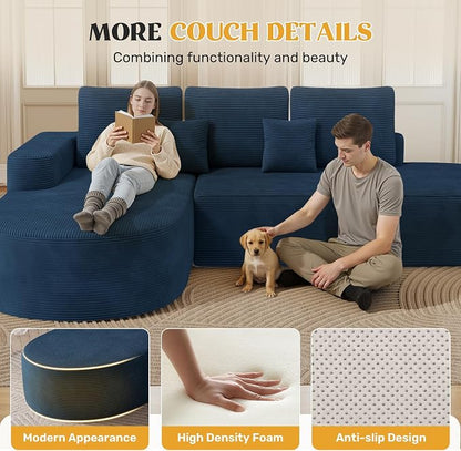 112" Modern Curved Cloud Couch, Boneless Couches for Living Room with Deep Seat, Memory Foam Compressed Modular Sectional Sofa, No Assembly Required,Navy Blue 1 PCS