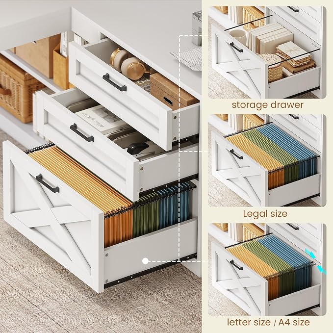 SEDETA Farmhouse L Shaped Office Desk with Drawers, 61” Computer Desk with Storage Shelves and Power Outlet, Corner Gaming Desk with LED Light and Display Cabinet for Home Office (White)