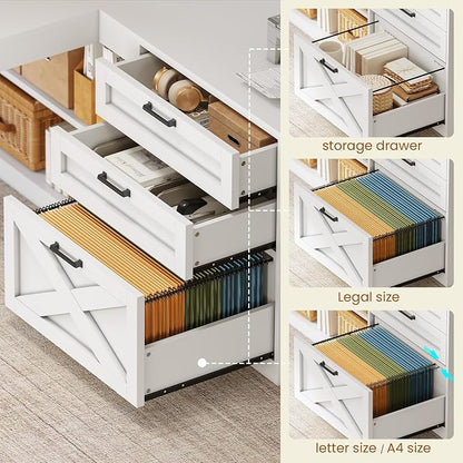 SEDETA Farmhouse L Shaped Office Desk with Drawers, 61” Computer Desk with Storage Shelves and Power Outlet, Corner Gaming Desk with LED Light and Display Cabinet for Home Office (White)