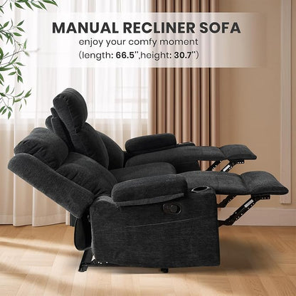 75'' Manual Reclining Sofa with Storage Drawer, 3 Seat Wall Hugger Recliner Couch with Cup Holders, Side Pockets, Chenille Fabric, Compact 3-Person Recliner for RV, Living Room, Apartment (Black)