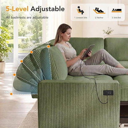 Sunny Heart Modular Sectional Sleeper Sofa with Pull Out Bed, Corduroy L Shaped Sectional Sofa with USB Ports/Adjustable Backrest/Storage Seats, Tool-Free Assembly, Couches for Living Room Green