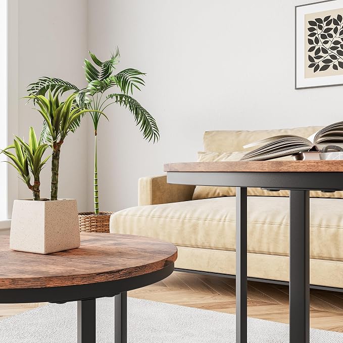 HOJINLINERO Small Round Nesting Coffee Table Set of 2 with Metal Frame and Wood Top, Modern Stacking Side Table for Living Room, Bedroom, Office, Brown
