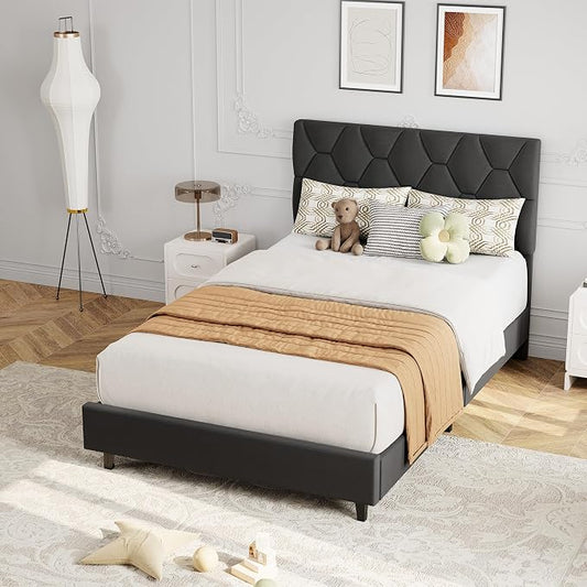 GarveeHome Grey Twin XL Bed Frame with Upholstered Headboard, Heavy-Duty Platform Bed Frame with Adjustable Headboard, Strong Wood Slat Support/No Box Spring Needed/Noise Free