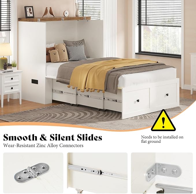 AMERLIFE Twin Murphy Bed Cabinet with Charging Station and Storage Drawer, Farmhouse Foldable Platform Bed for Home Office, Apartment, Small Spaces, Distressed White