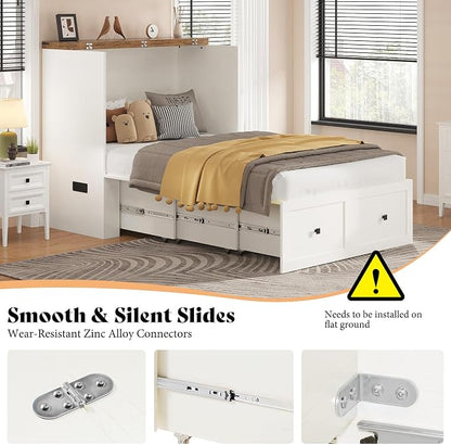 AMERLIFE Twin Murphy Bed Cabinet with Charging Station and Storage Drawer, Farmhouse Foldable Platform Bed for Home Office, Apartment, Small Spaces, Distressed White