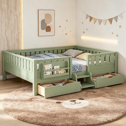 Bellemave Queen Bed with Storage Drawers & Bookshelf, Low Profile Kids Bed Frame with Staircase & Full Length Guardrails, Solid Wood Queen Bed for Kids with Slats Load 550LBS, Easy Assembly, Green